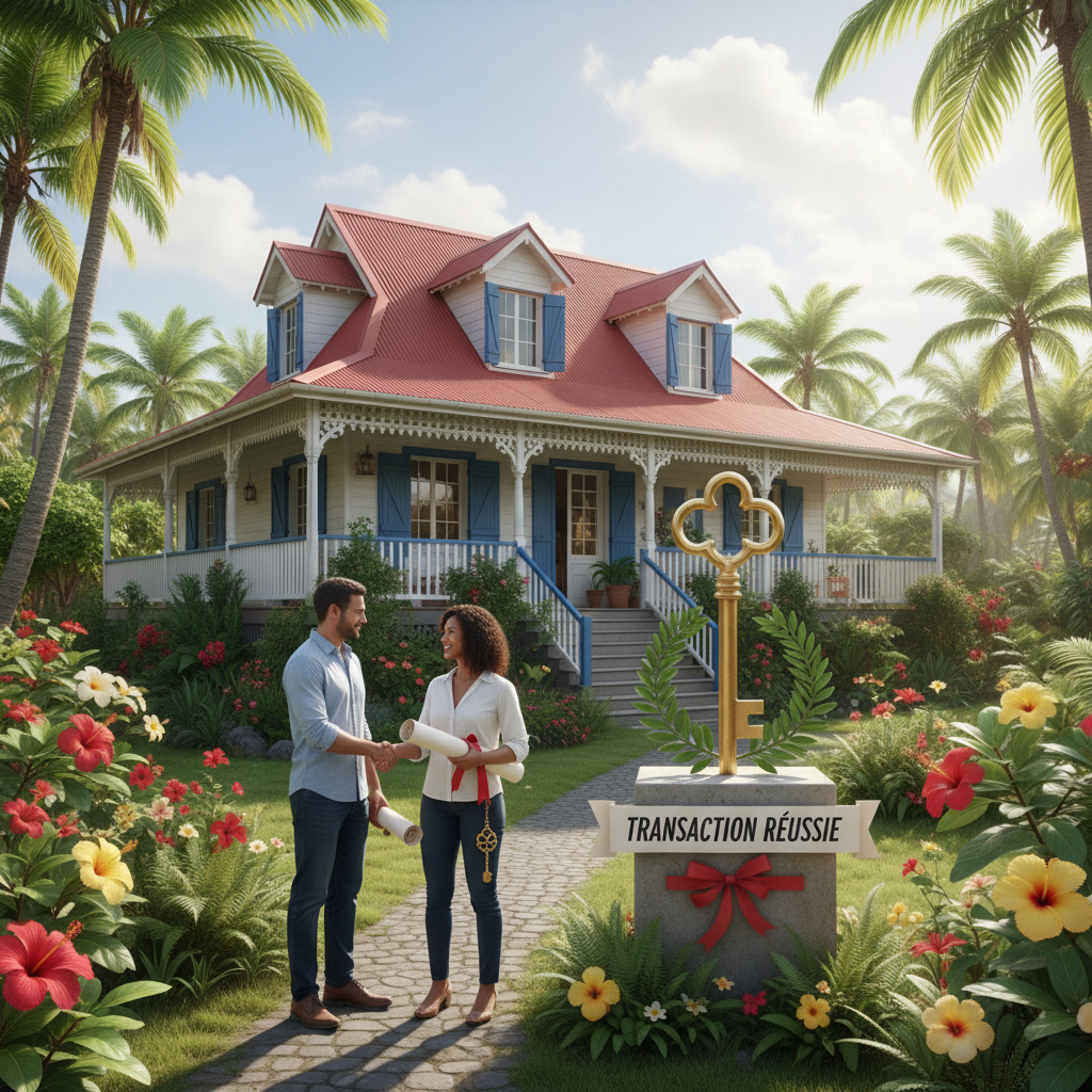 Belle maison réunionnaise avec jardin tropical symbolisant une transaction immobilière réussie
